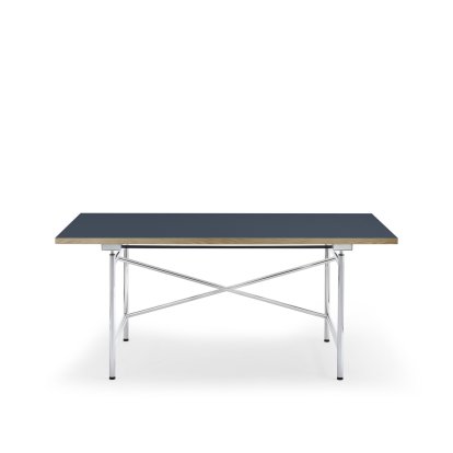 Eiermann 1 M Tisch (Mechanische Höhenverstellung), Linoleum smokey blue (Forbo 4179) mit Eichekante, 160 x 80 cm, Chrom