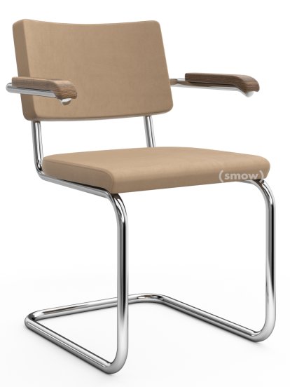 S 64 PV Pure Materials Freischwinger, Nubukleder sandbeige, Nussbaum, Verchromt, Kunststoffgleiter schwarz mit Filz