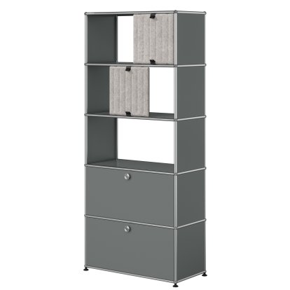 USM Haller Aktenregal mit 2 Klappen, oben ohne Rückwände mit zwei USM Haller Soft Panels, vertikal, Mittelgrau RAL 7005, Grau / Dunkelgrau