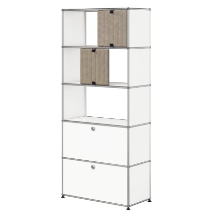 USM Haller Aktenregal mit 2 Klappen, oben ohne Rückwände mit zwei USM Haller Soft Panels, vertikal, Reinweiß RAL 9010, Taupe / Dunkelblau