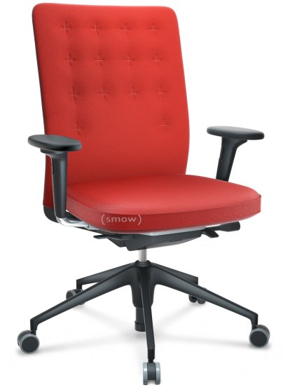 ID Trim, Mit Lumbalstütze, FlowMotion-ohne Vorwärtsneigung, ohne Sitztiefenverstellung, Mit 2D Armlehnen, 5-Stern Untergestell, Kunststoff basic dark, Sitz und Rücken Plano, Poppy red, Weich für harte Böden