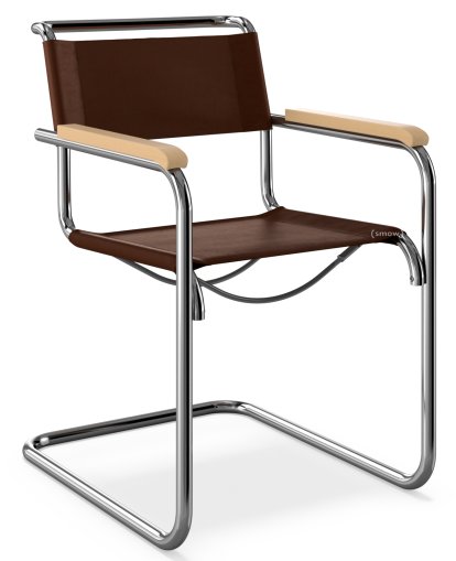 S 33 / S 34 Freischwinger, mit Armlehnen Buche gebeizt natur, Kernleder, schokolade, Kunststoffgleiter schwarz mit Filz