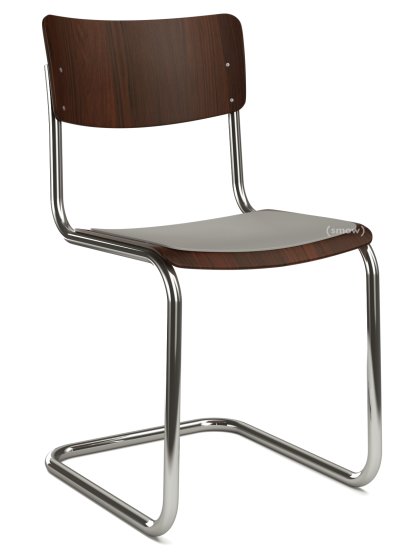 S 43 Klassik Freischwinger, Gestell verchromt, Buche gebeizt, Nussbaumfarbig (TP 24), Sitzauflage hellgrau meliert, ungepolstert, Ohne Gleiter