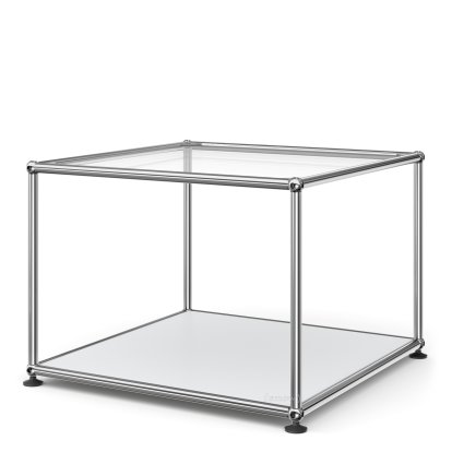 USM Haller Beistelltisch 50, Oben Glas, unten Metall, USM mattsilber