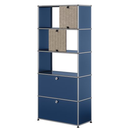 USM Haller Aktenregal mit 2 Klappen, oben ohne Rückwände mit zwei USM Haller Soft Panels, vertikal, Stahlblau RAL 5011, Taupe / Dunkelblau