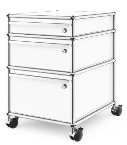 USM Haller Rollcontainer mit 3 Schubladen Typ 2 (mit Gegengewicht), Alle Fächer mit Schloss, Reinweiß RAL 9010