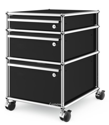 USM Haller Rollcontainer mit 3 Schubladen Typ 2 (mit Gegengewicht), Alle Fächer mit Schloss, Graphitschwarz RAL 9011