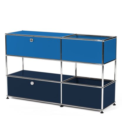 USM Haller Kinder Sideboard M mit Aufbewahrungsboxen, Zweifarbig, Enzianblau RAL 5010 - Stahlblau RAL 5011, Mit Klappe