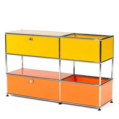 USM Haller Kinder Sideboard M mit Aufbewahrungsboxen, Zweifarbig, Goldgelb RAL 6003 - Reinorange RAL 2004 , Mit Auszug (inkl. Einlegerahmen)