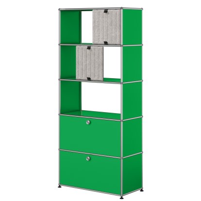 USM Haller Aktenregal mit 2 Klappen, oben ohne Rückwände mit zwei USM Haller Soft Panels, vertikal, USM grün, Grau / Dunkelgrau